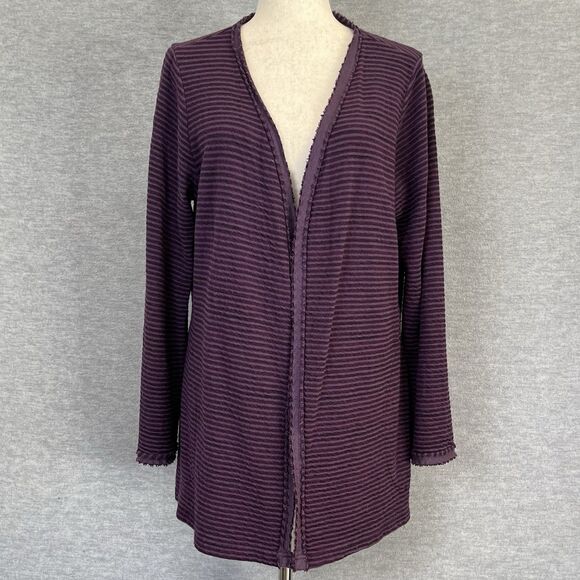 Cut Loose Open Front Long Cardigan Size M Pockets Fringe Stripe Textured Duster - Picture 2 of 15